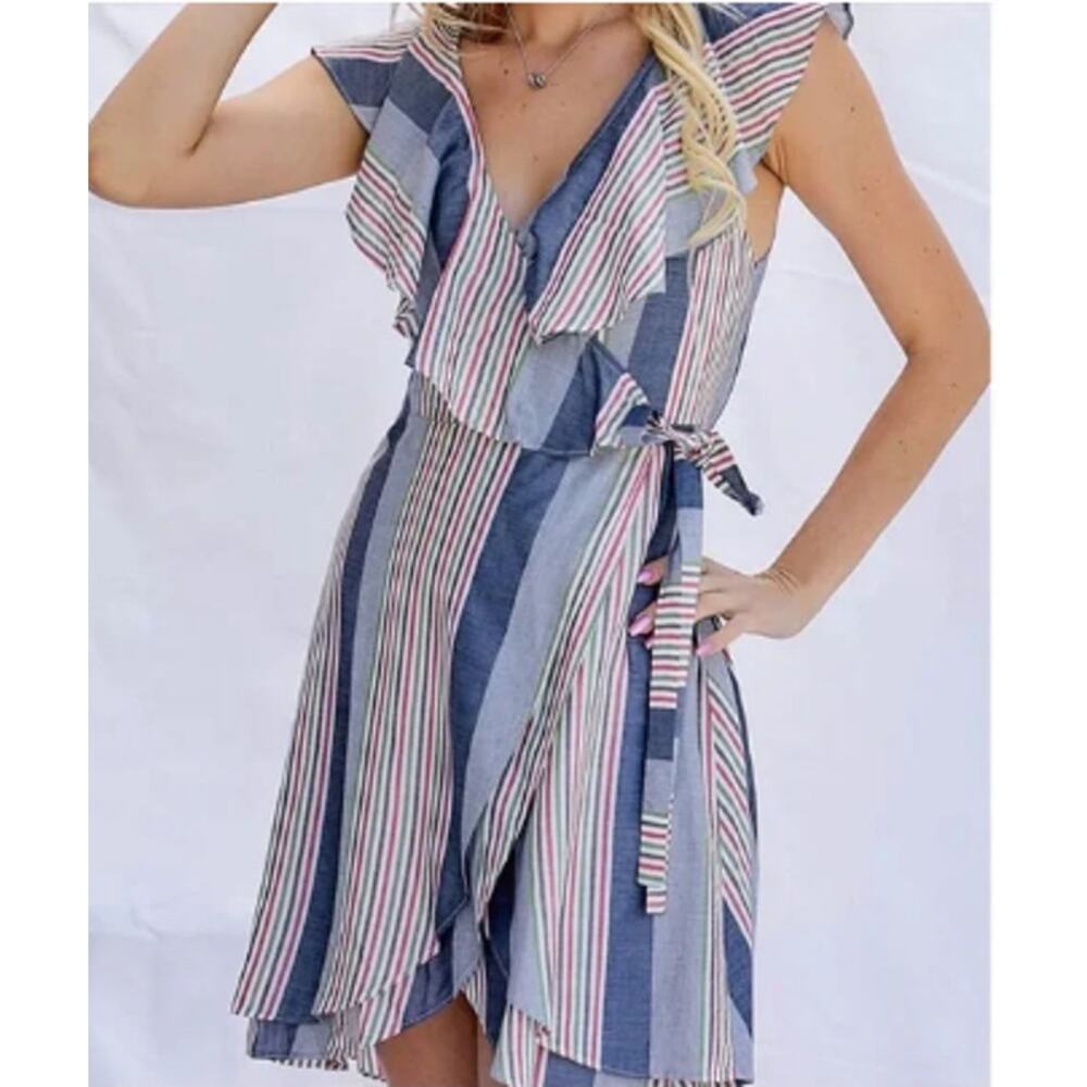 Davi & Dani Medium Womens Multicolor Striped Blue Flowy Sleeveless Wrap Dress